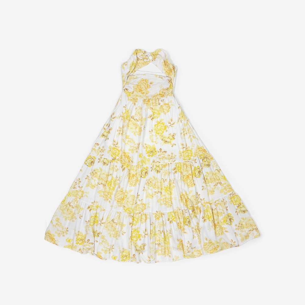 All About May Strapless Maxi Dress Size 4 White Yellow Floral Cutout Tiered